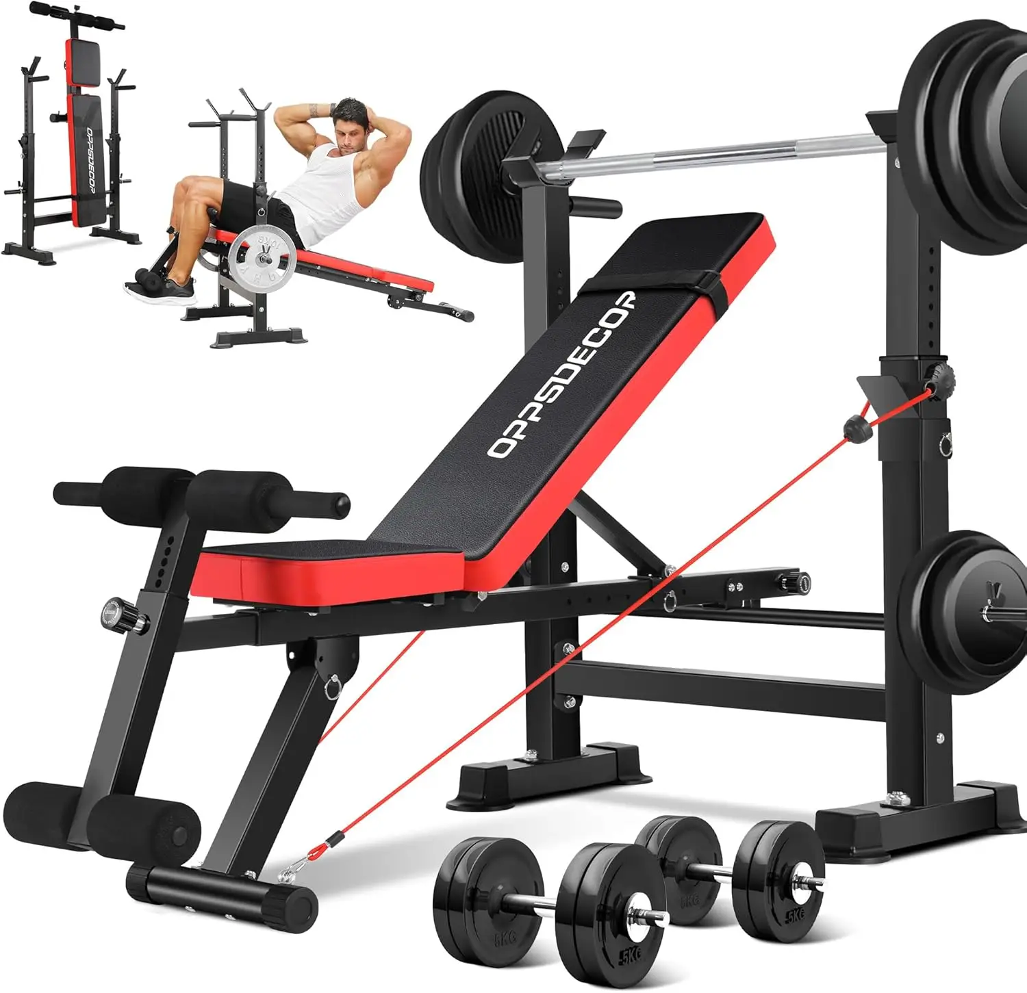 600lbs 6 in 1 Weight Bench Set with Squat Rack, Foldable Adjustable Bench Press Set with Removable Foot Catch, Workout Bench for