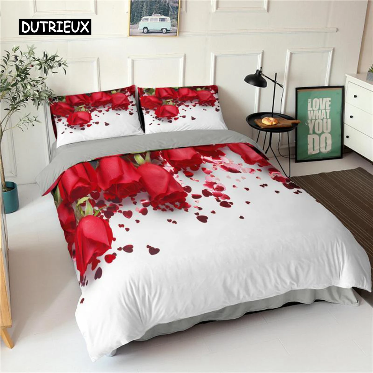 Red Rose Duvet Cover Set Queen Microfiber Floral Petals Botanical Twin Bedding Set Romantic Flowers Valentine's Day Quilt Cover