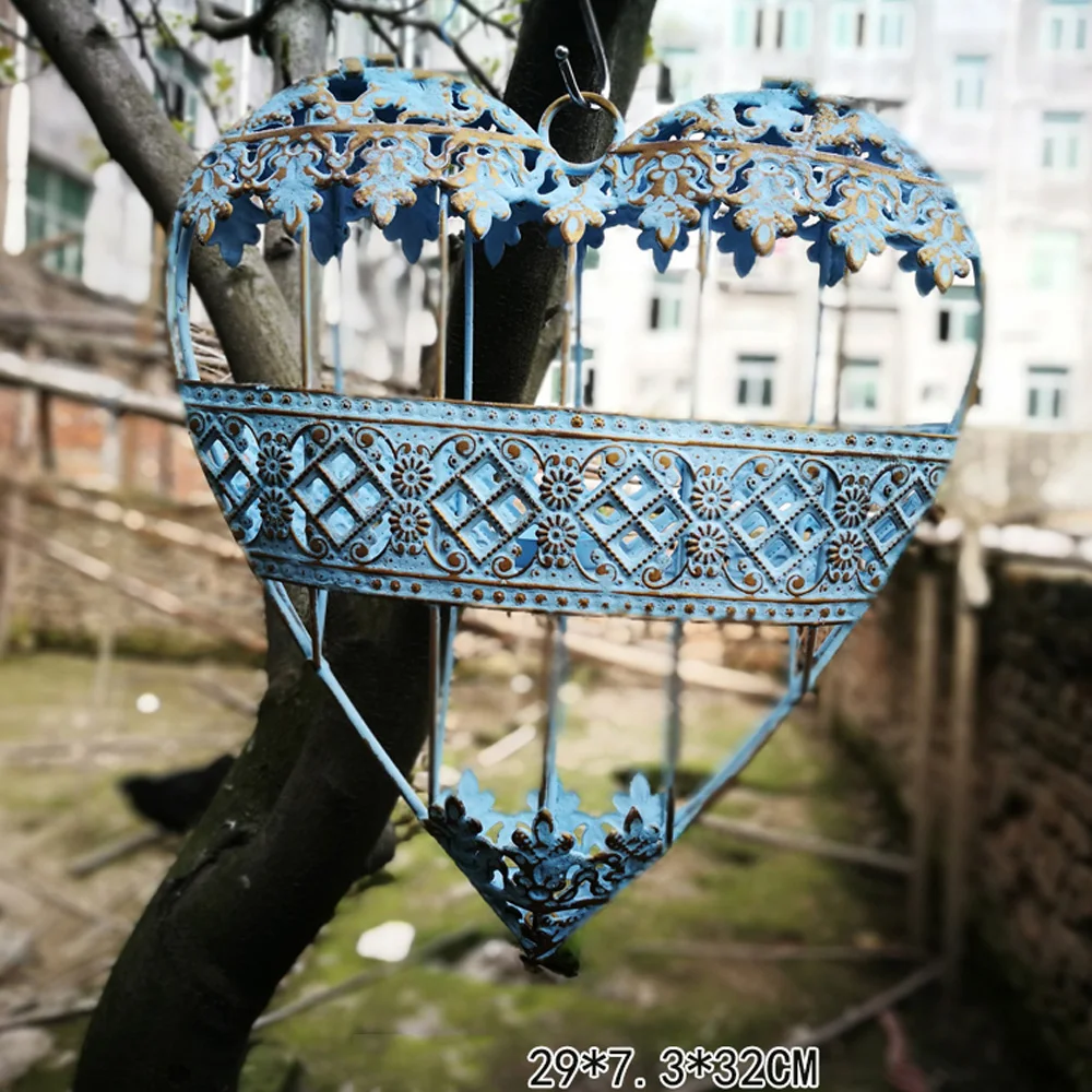 

Hollow Out Rustic Retro Blue Decorative Hanging Metal Heart Candle Holder