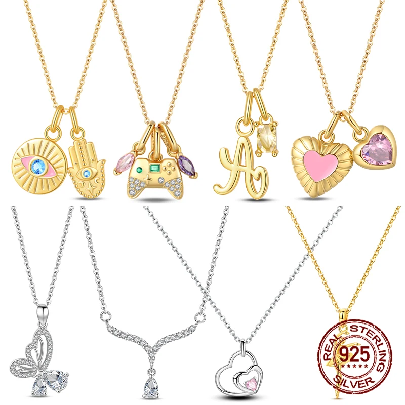 

Golden Necklace 925 Sterling Silver Hand-shaped Love Butterfly Pendant Necklace CZ Inlaid Fashion Jewelry Gift for Women