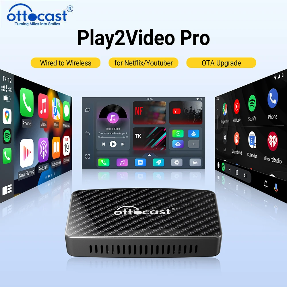 OTTOCAST Play2Video Pro Wireless CarPlay Android Auto Adapter for Youtube for Netflix for IP TV Car Accessories for Kia Toyota