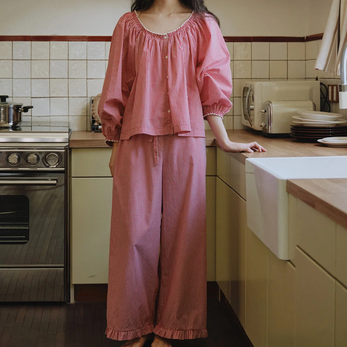 Women Japan Sleepwear 100% Cotton Soft Autumn and Winter Cute Pajamas with Small Floral Plaid French Home Suit Two Piece Set