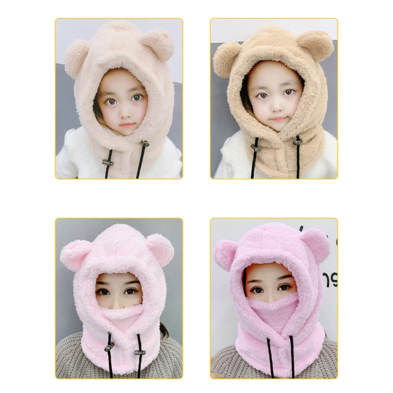 Children Adult Hat Scarf In One Plush Thickening Winter Warm Parent-Child Cartoon Windproof Ear Protection Girls Boys Cap