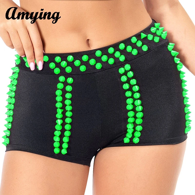 Calças de dança com rebite para mulheres Leggings de performance de palco Roupas de palco inferior Punk Rivet Hot Pants