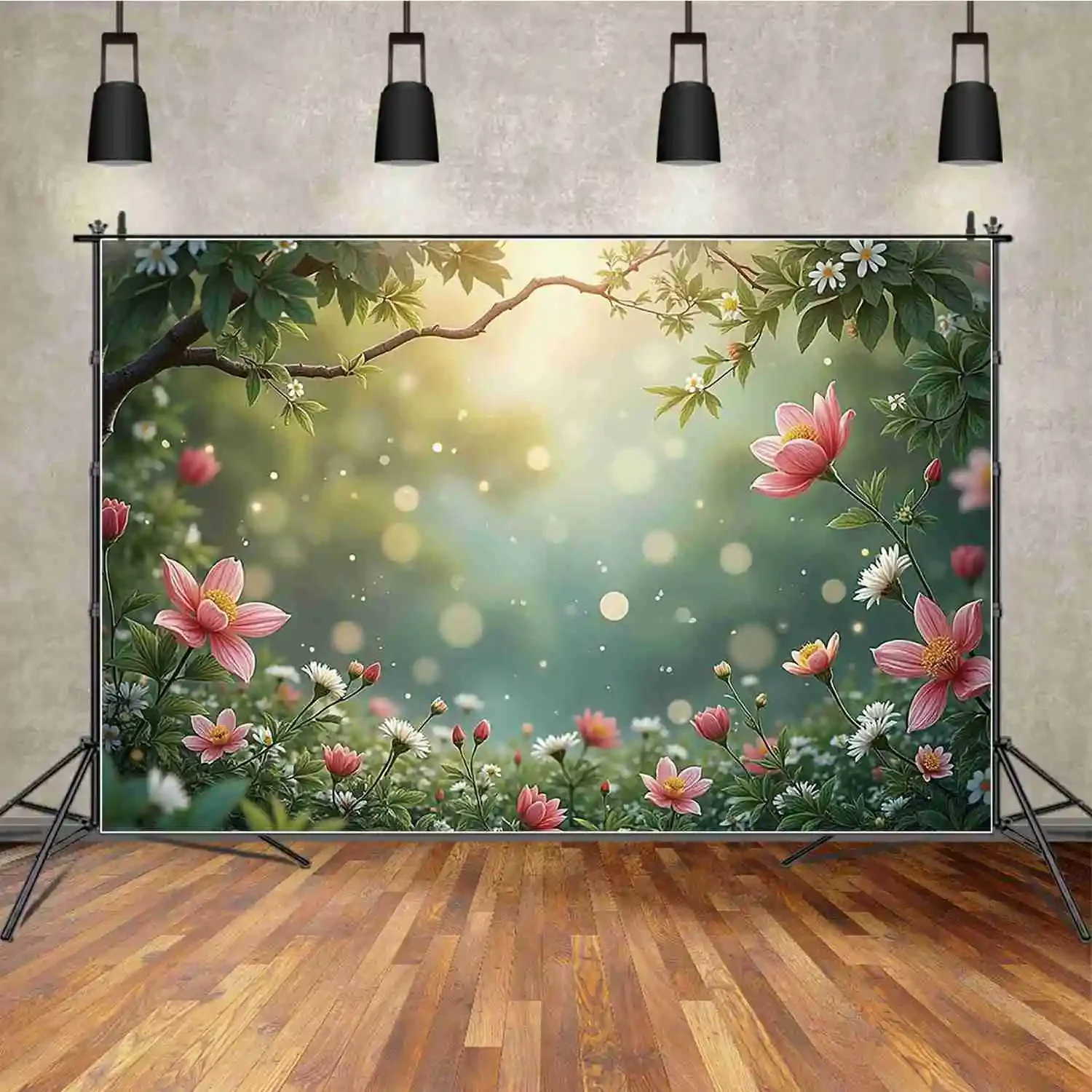 MOON.QG Fairy Spring Green Pink Bokeh Photography Background Floral Garden Flower Backdrop Children Studio Photozone Accessories