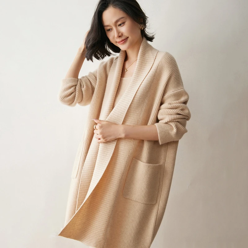 

Женский толстый свободный свитер из 100% чистого кашемира средней длины, кардиган с карманами, вязаный топ, осень-зима, мягкая элитная одежда, пальто