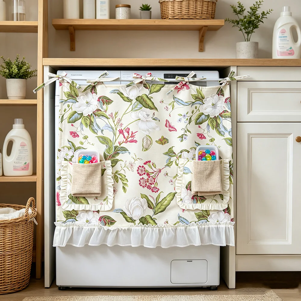 Vintage Floral Print Kitchen Curtain Ruffle Storage Pocket Tie Tab Half Cover Curtain Dust Shield for Oven Washing Machine Decor
