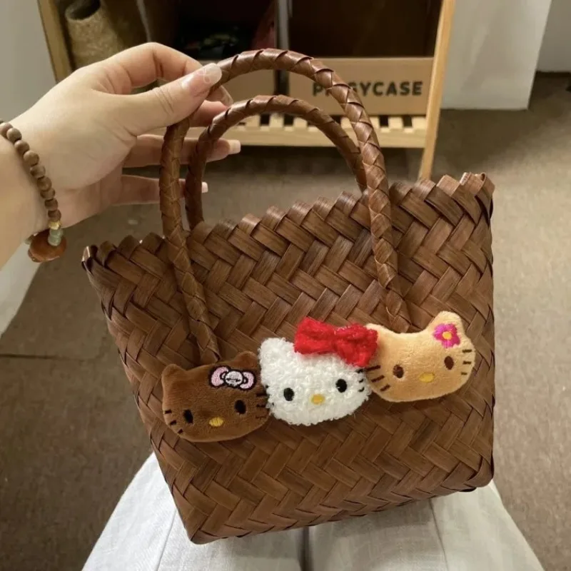 Sanrio New Black Kitty High Appearance Imitation Vine Weaving Handbag Lightweight Portable Travel Bag