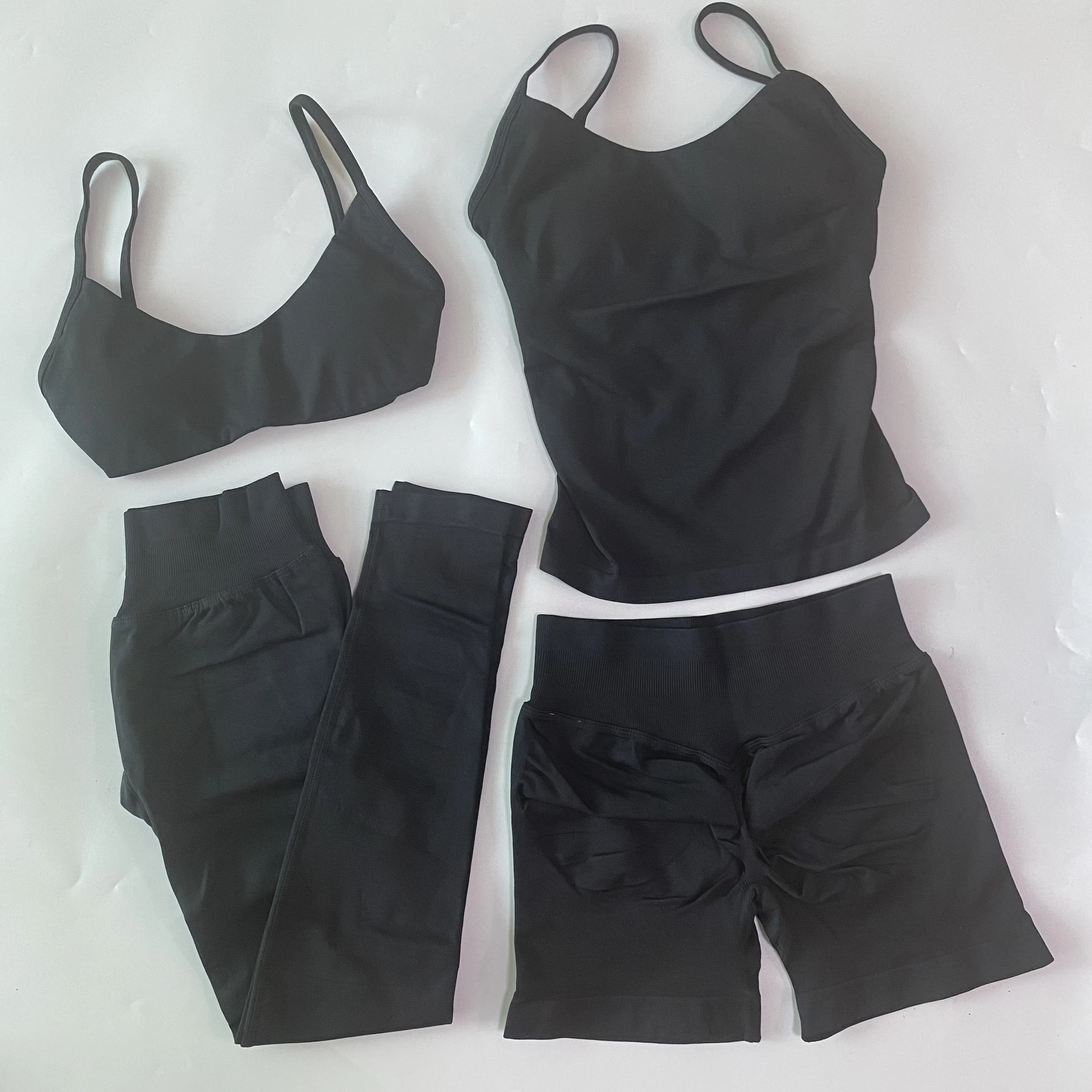 4-teiliges Workout-Set für Damen, Top mit Rundhalsausschnitt, Sport-BH, Fitness-Shorts mit hoher Taille, Yoga-Leggings, Gym-Set, Outfits, Sportbekleidung – Detail 14