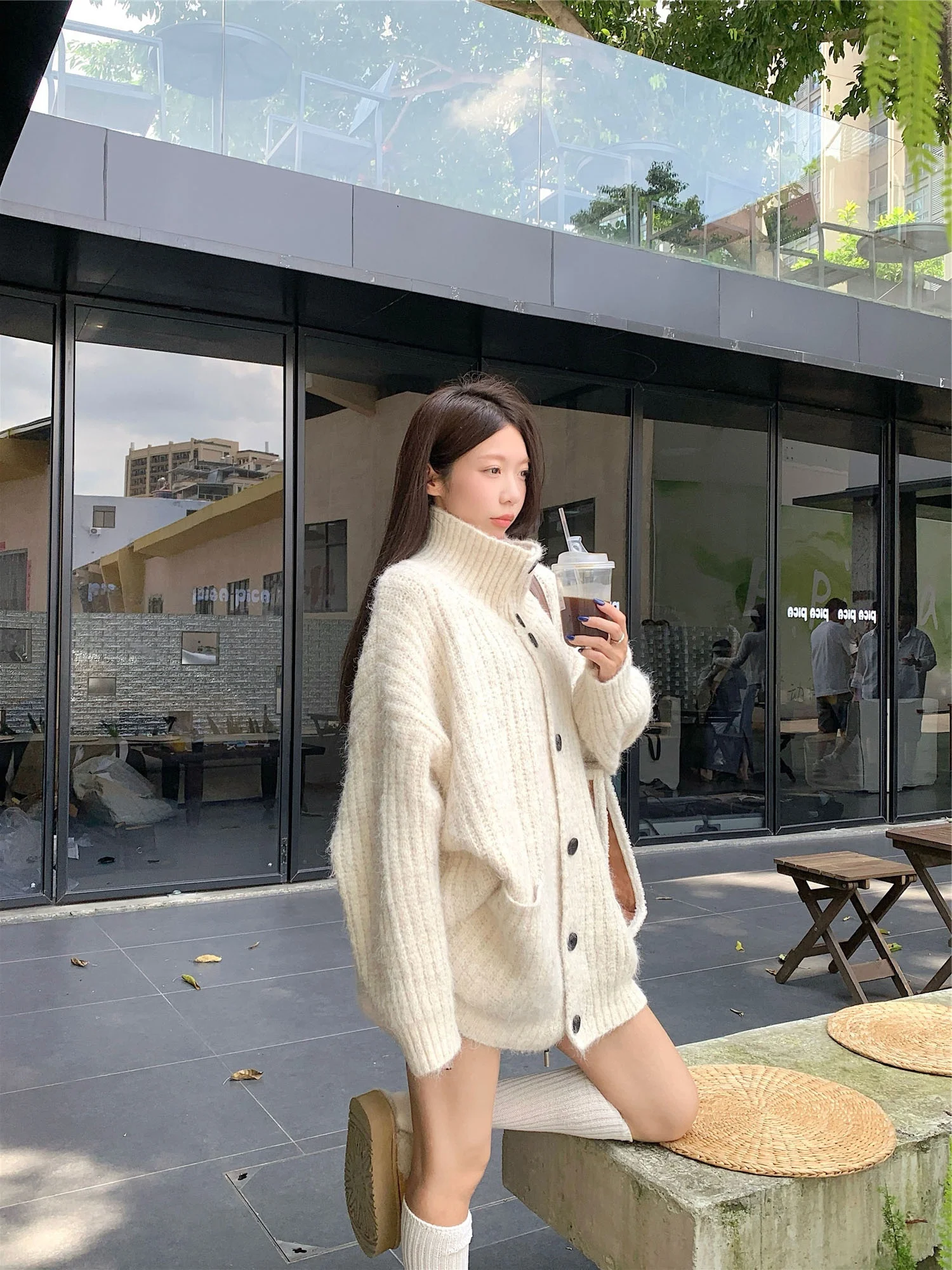 

Ladies Thiened High Collar Knitted Sweater Coat Loose Fit Long Sve Open Cardigan Soft Sle Autumn Winter Outerwear