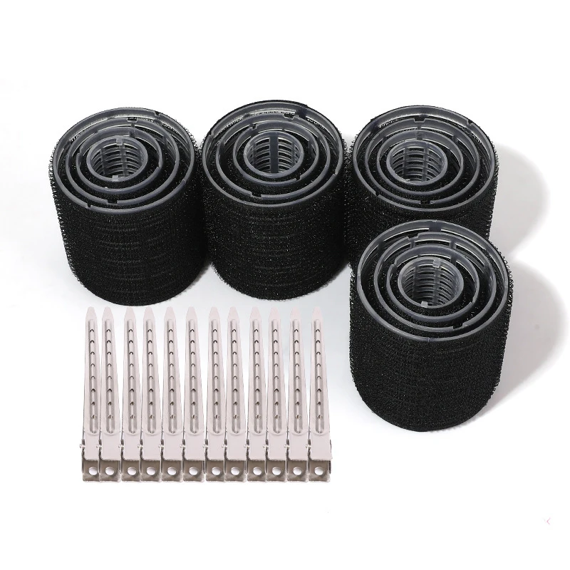 16pcs/set Black Self-Grip Hair Rollers With Clips Heatless Hair Roller Jumbo Sticky Hair Roller Set Salon Hair Dressing Curlers