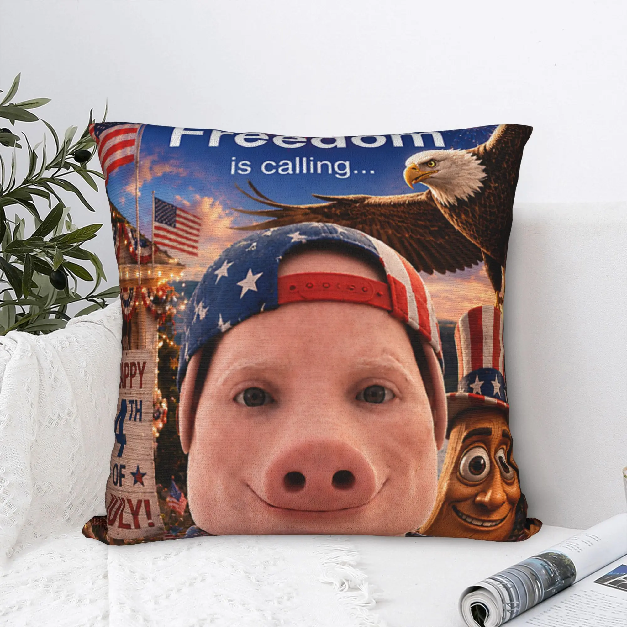 Freedom is Calling John Pork Funny 4th of July Brainrot Meme Pillow Cover Cushion Cover Retro Pillow Case For Couch Sofa Bedroom
