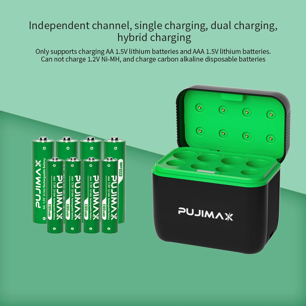 

PUJIMAX 1.5V Curved Appearance Battery Charger AA/AAA Lithium Battery Charger Charging 4 AA+4 AAA Rechargeable Li-ion Batteries