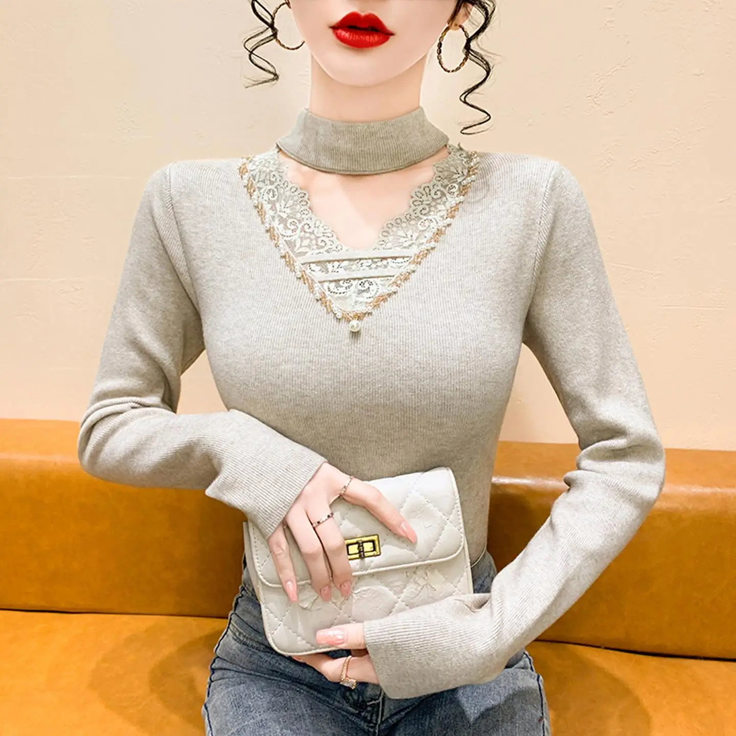 

Olive een Lace Splice V-ne Knitted Base irt Women's Autumn Winter Gentle Sle Collar Heavy-du Sweater Inner Wear Top