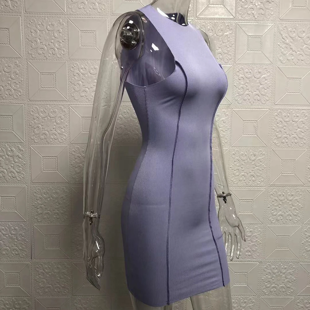 2000s الصيف خمر نمط جولة الرقبة أكمام عكس حافة السيارة الأرجواني اللون العصرية سليم صالح ملفوفة الورك Bodycon فساتين قصيرة #5