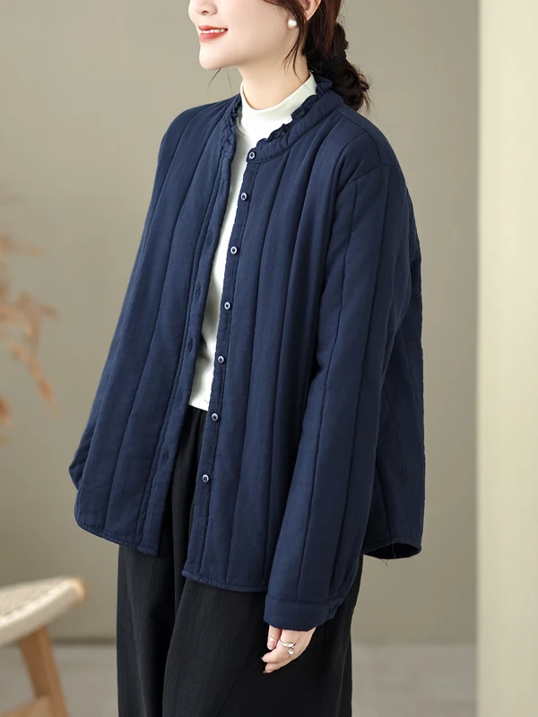 

Women's Casual Cotton Jaet Spring Autumn Stand Collar Lace Collar Versatile Thiened Long Sve Single Button Closure