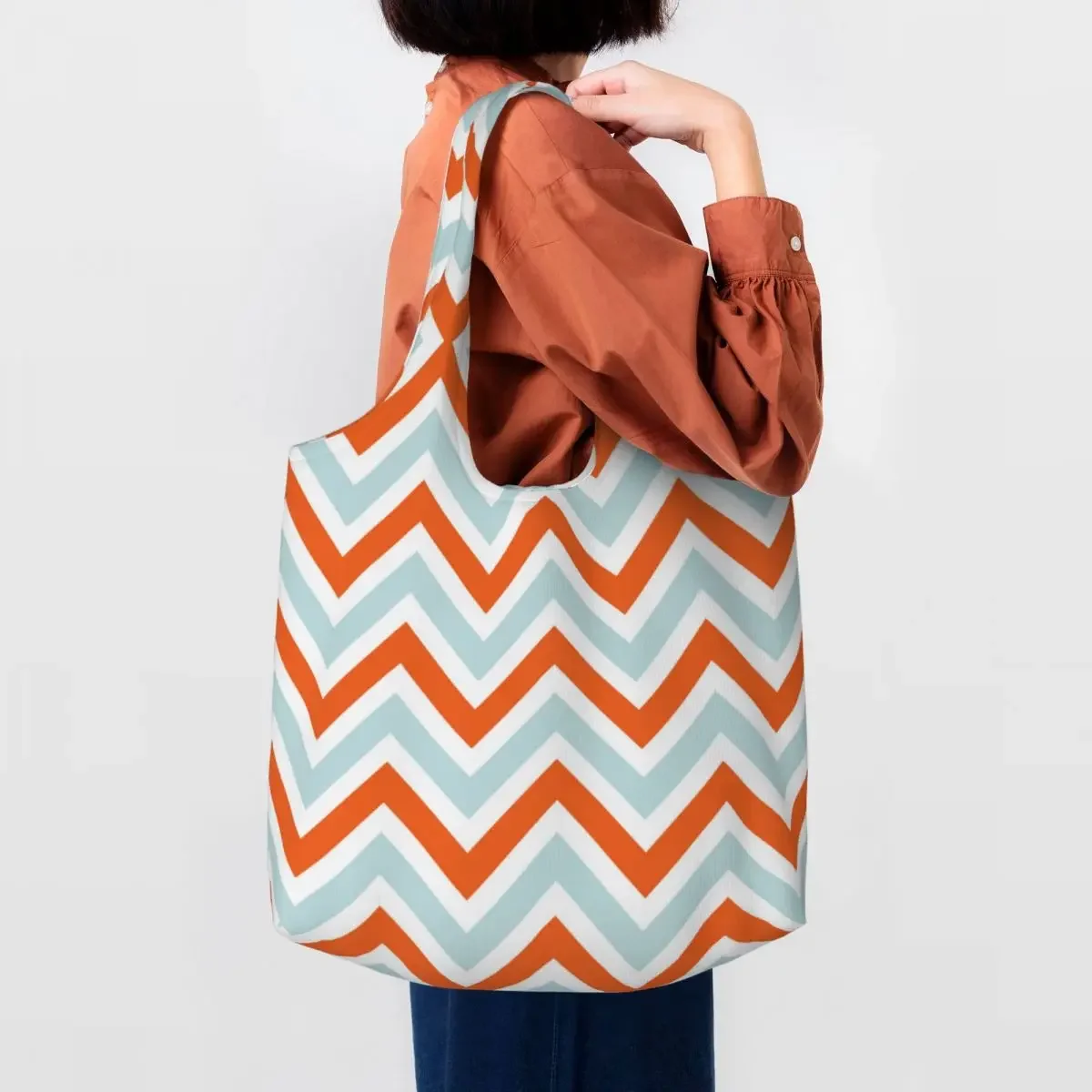 Chevrons Stripes Blue Orange Shopping Bag Women Shoulder Canvas Tote Bag Washable Bohemian Modern Groceries Shopper Bags Handbag