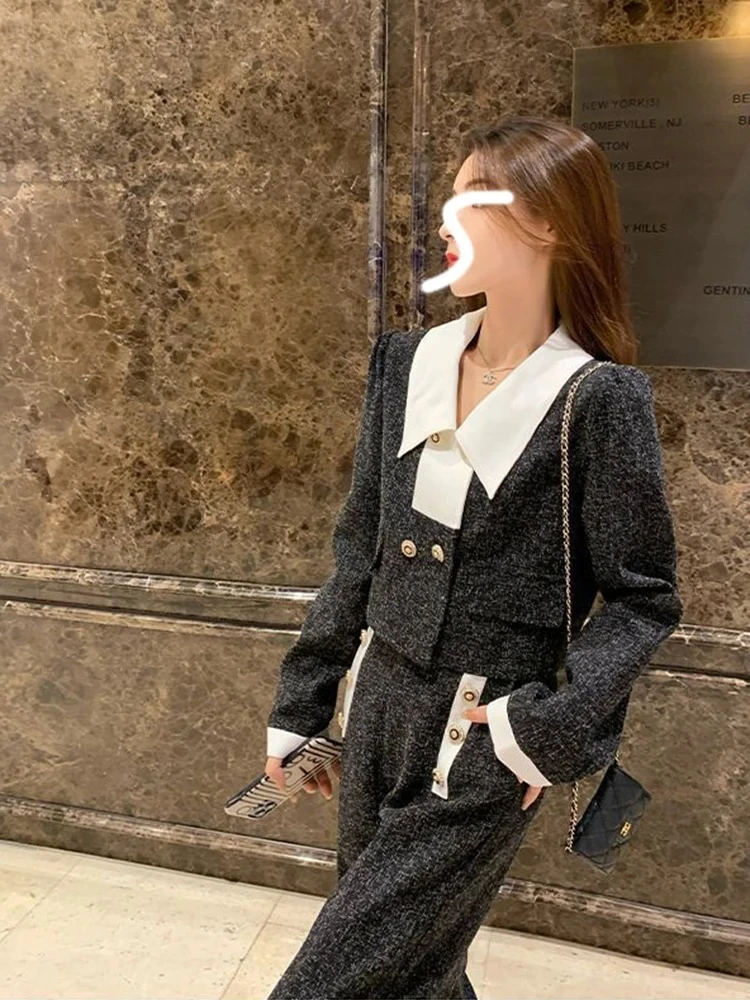 Winter Two Piece Sets for Women Lapel Patchwork Short Coats Top Wide Leg Casual Pants 2025 Korean Fashion Womens Outfits ZT235