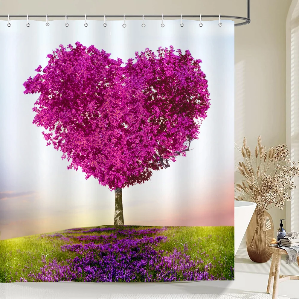 

Love Trees Shower Curtains 3D Printed Bathroom Waterproof Polyester landscape Bath Curtains With Hooks Washable Shower Curtain