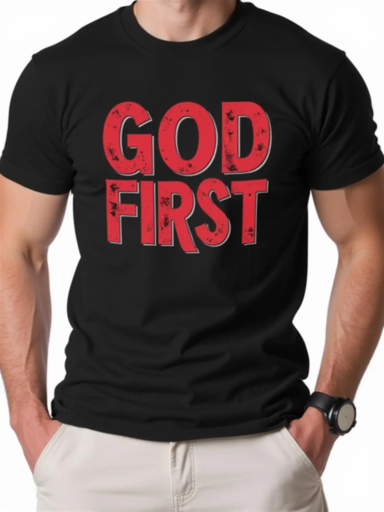 تي شيرت رجالي أسود بلون سادة مع نص أحمر جريء "الله الأول"، تي شيرت كاجوال بأكمام قصيرة ورقبة دائرية، مقاس عادي، نمط هندسي، طباعة نقل الحرارة، مريح لجميع المواسم، هدية مثالية للعطلات للرجال، ملابس غير رسمية #1