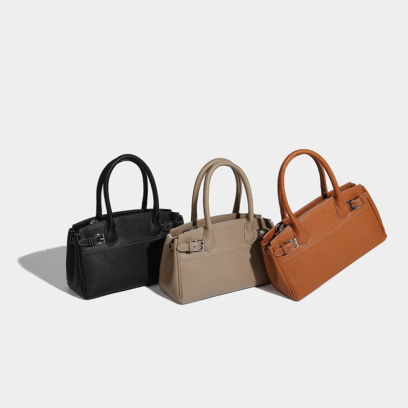 FIRMRANCH Textured Commuting Solid Color Classic Horizontal Square Buckle Handbag Simple Women's Diagonal Cross Bag OL Purse