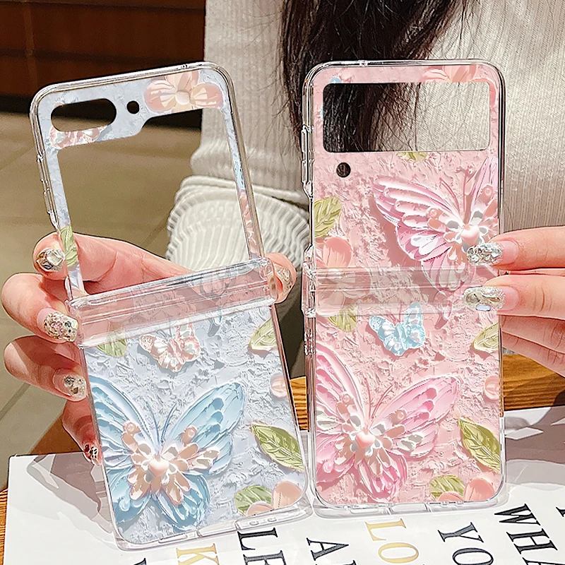 Butterfly Print Clear Hard PC Shockproof Phone Case For Samsung Galaxy Z Flip 6 5 4 3 5G Flip5 Flip6 Flip4 Transparent Cover