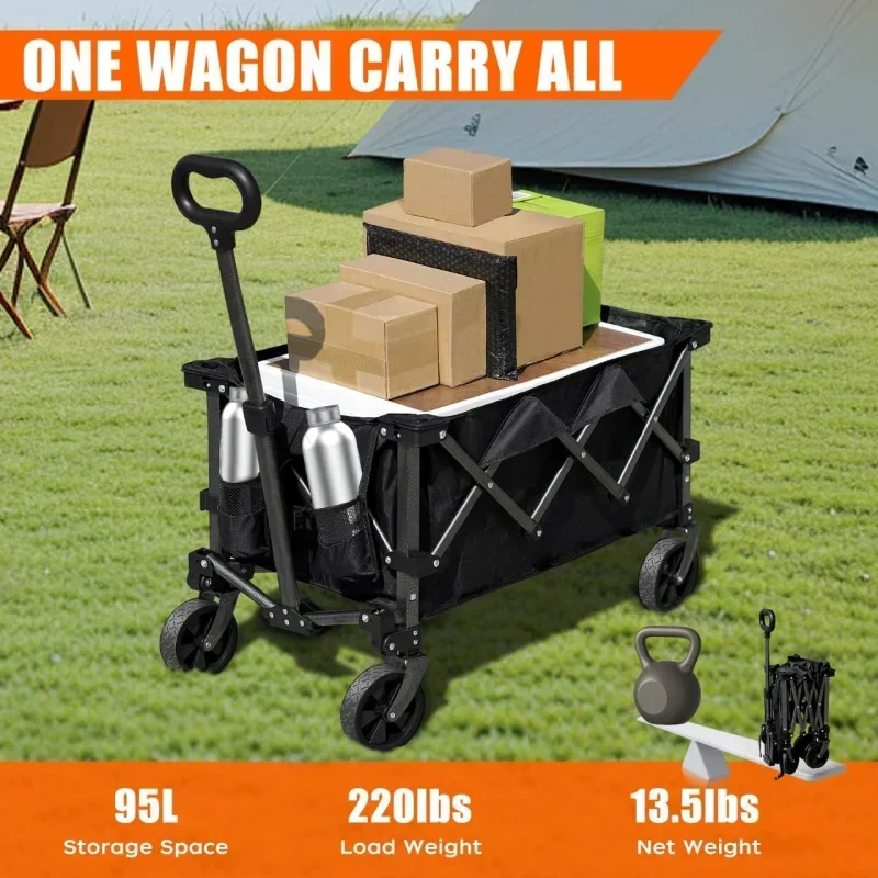 Collapsible Folding Wagon, 220lb Heavy Duty Grocery Garden Cart for Beach and Travel