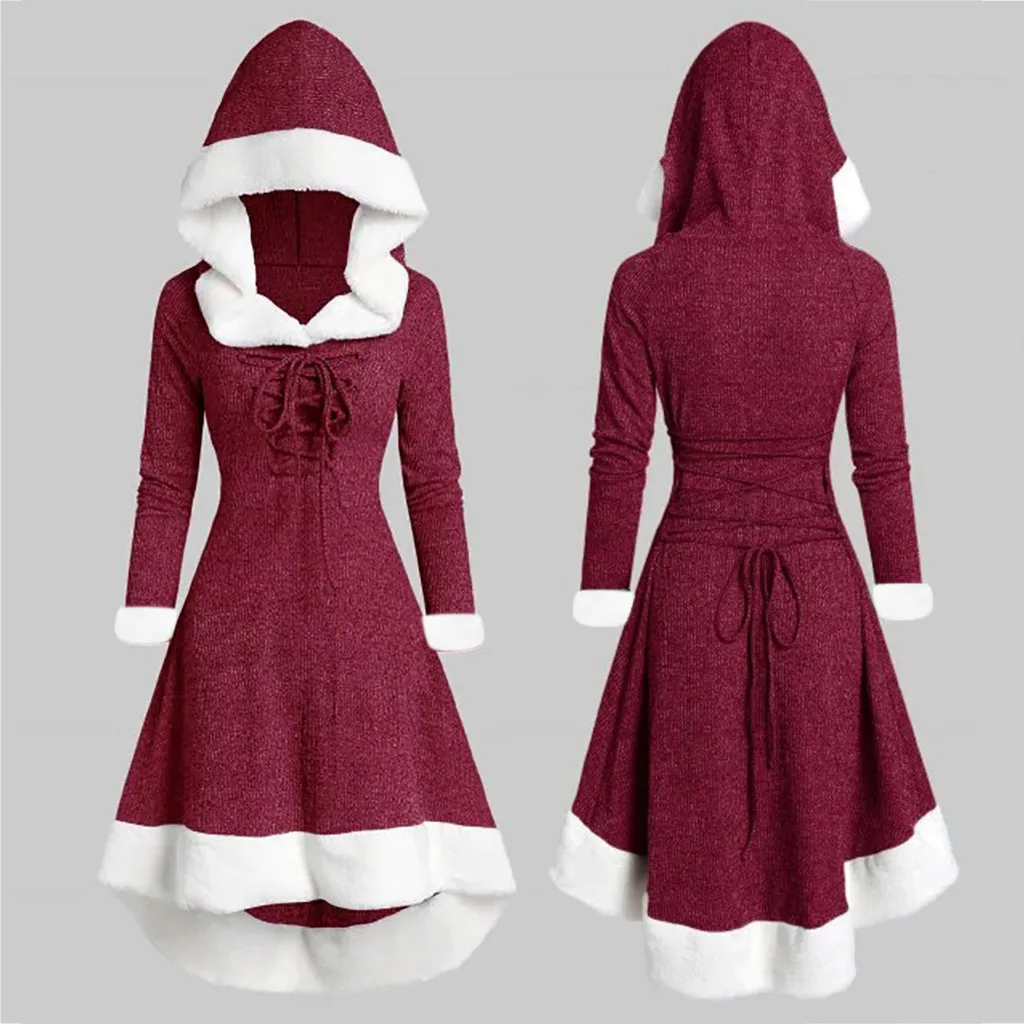 

Hooded Long Sleeve Vintage Women's Dresses Winter Casual Dress Party Fashionable Plush Patchwork Mid Length Dress For Women