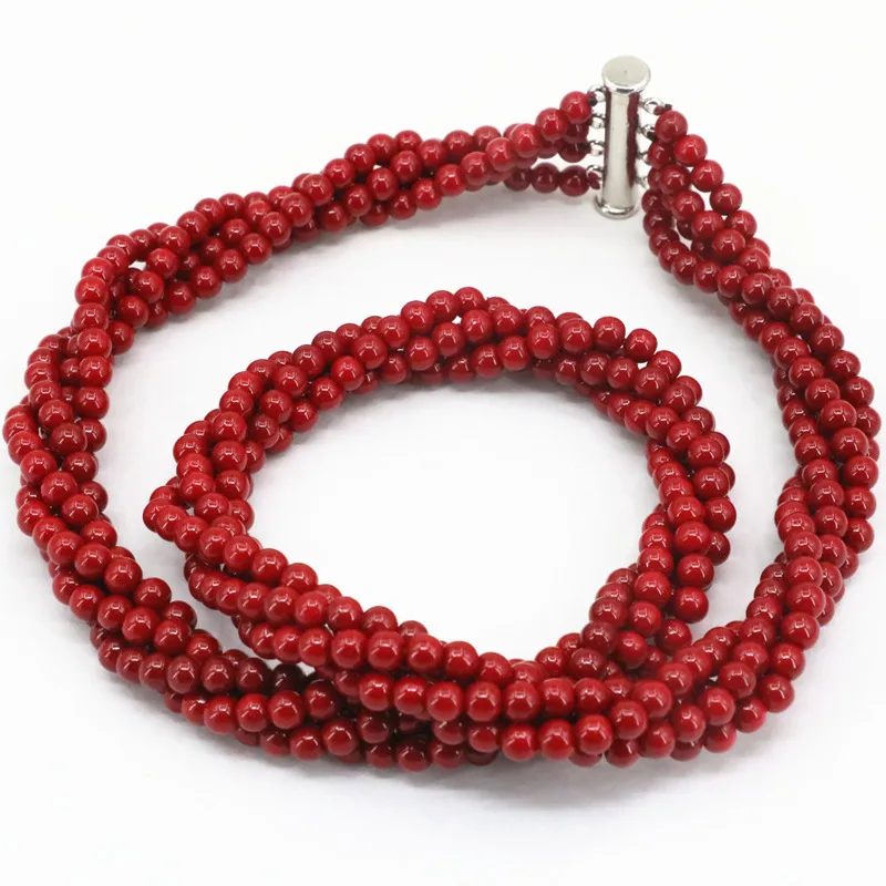New artificial coral 4mm winding strand beads necklace red round 4 rows chain fashion party weddings gifts diy jewelry 18