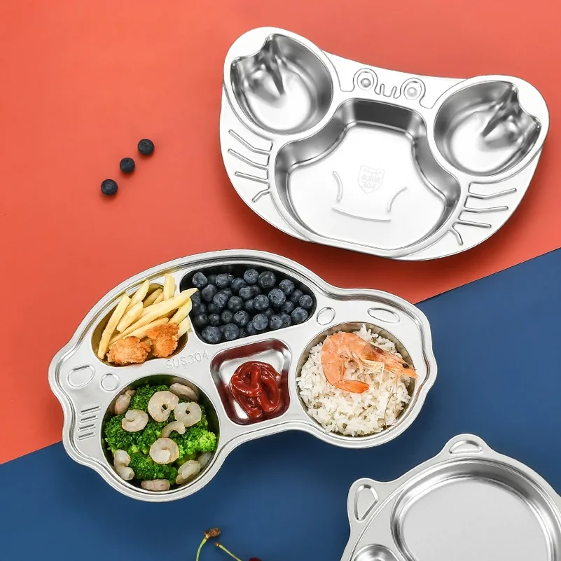 Stainless Steel Plate For Children,Canteen Divided Plate,3Grid,5Grid Dinner Plates,Dinnerware Set, Dinner Tableware