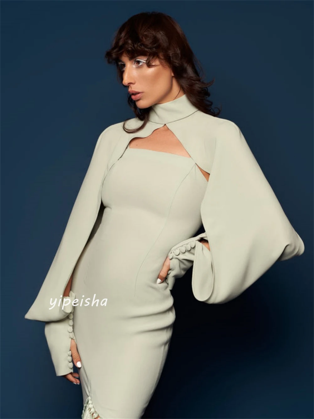 Jiayigong Jersey Ruched Button Tassel Formal Evening A-line High Collar Bespoke Occasion Gown Midi Dresses Saudi Arabia