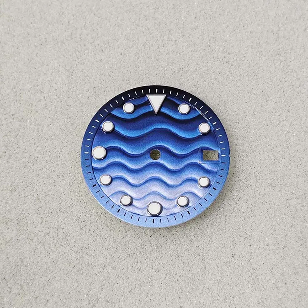 Cadran de montre 28.5mm, pour mouvement NH35 NH36 7S, clous argentés, cadran lumineux vert NH35, calendrier unique, vague, accessoires pour le visage