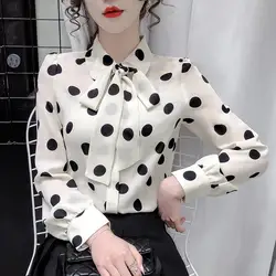 Bow Polka Dot Lacing Elegant Blouse Spring Autumn Long Sleeve All-match Youth Office Shirt Tops Vintage Fashion Women Clothing