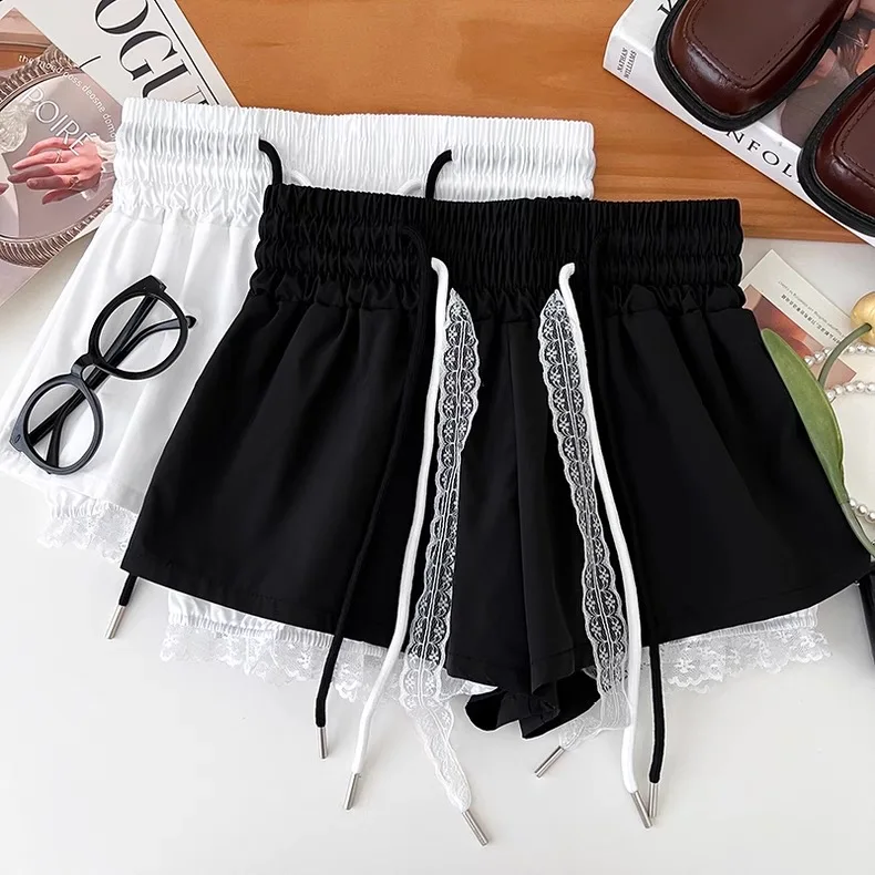 

Summer Black Patchwork Lace High Waist Shorts Women Korean Style White Holiday Drawstring Lace-up Short Pant Ladies Fashion 2025