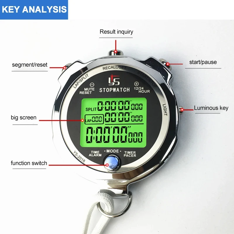 0.001s Precision Metal Digital Stopwatch Professional Portable Luminous Sports Running Training Timer 100/200 Channels Memory