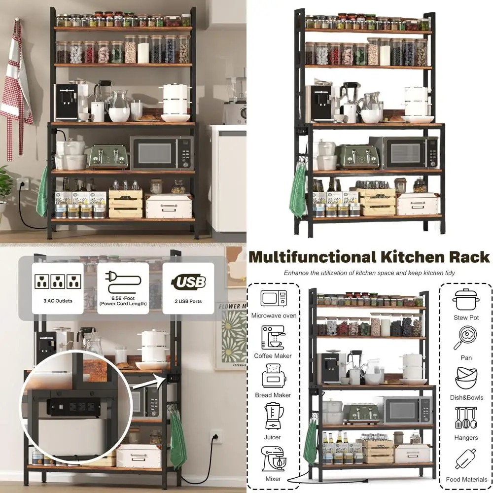 

5-уровневая кухонная полка для хранения с розеткой и крючками, отдельно стоящая для помещений в столовой и кафе-бара