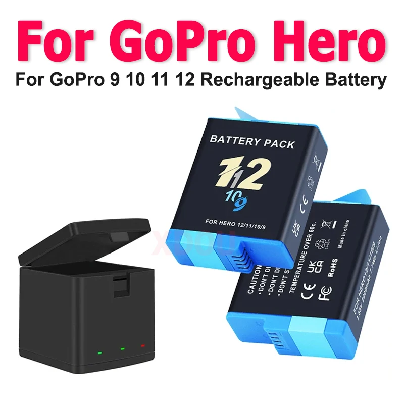 For Gopro Hero 12 Battery 1800mAh Li-ion Battery Pack Motion Camera Battery Storage for GoPro 9 10 11 12 Rechargeable Batteries