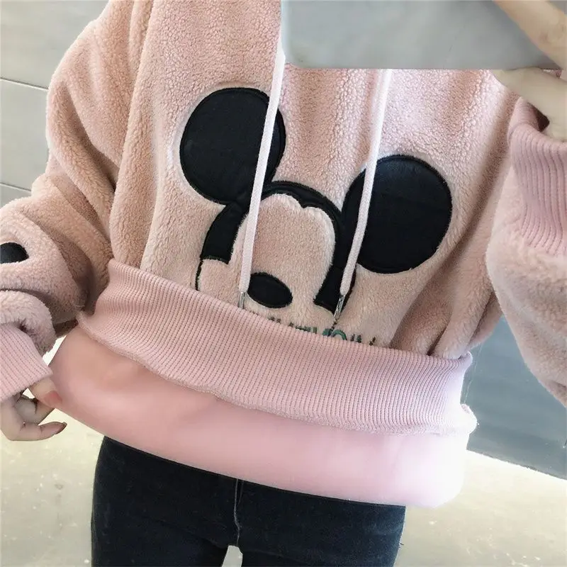 Cute Mickey Minnie Mouse Hoodies Women Autumn Winter Pullover Tops Cartoons Femme Plus Velvet Clothes