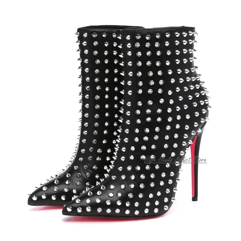 Pink Sole Studded Leather Ankle Boots Sexy Pointed Toe High Heels Zip Rivets Black Booties Luxury Big Size Party Shoes for Women