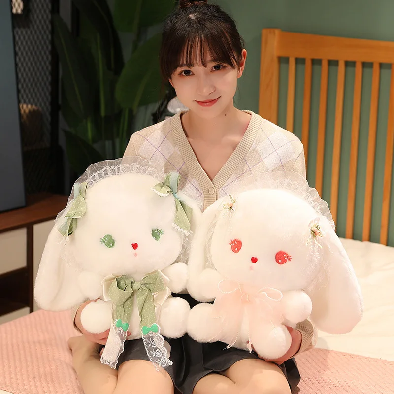 25CM Cute Lolita Ribbon Cute Rabbit Plush Toy  Kawaii Pink Rabbit Doll Girls Playmate Toy