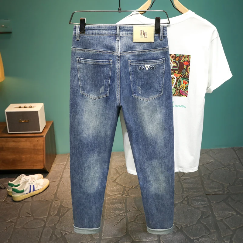 Spring/Summer 2024 Vintage Blue Men's Jeans New Korean Fashion Brand Printed Embroidered Slim Casual Trousers