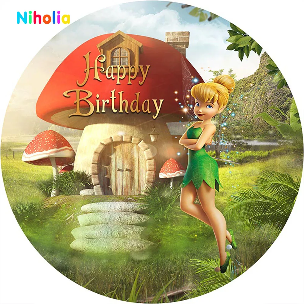 Disney Tinker Bell Photo Backdrop Round Photography Background For Kids Birthday Party Green Vinyl Circle Decoration Banner