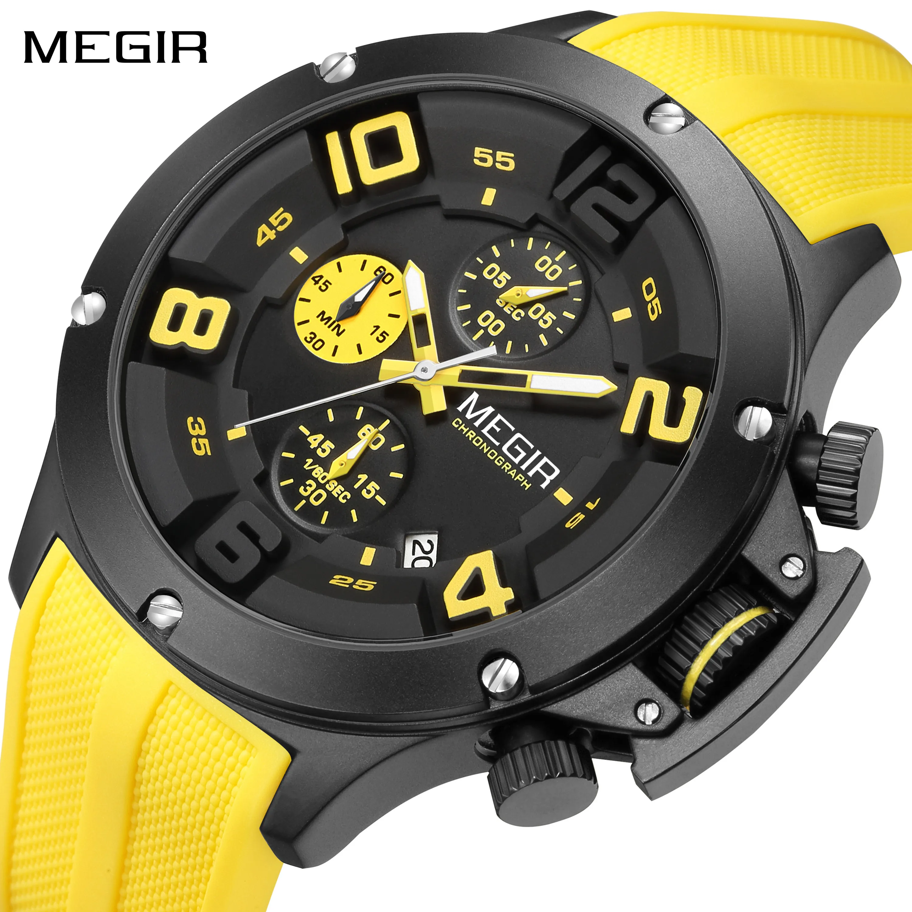 MEGIR Men's Sport Watches Chronograph 47mm Large Dial Fashion Casual Quartz Wristwatch Waterproof Luminous Clock Reloj Hombre
