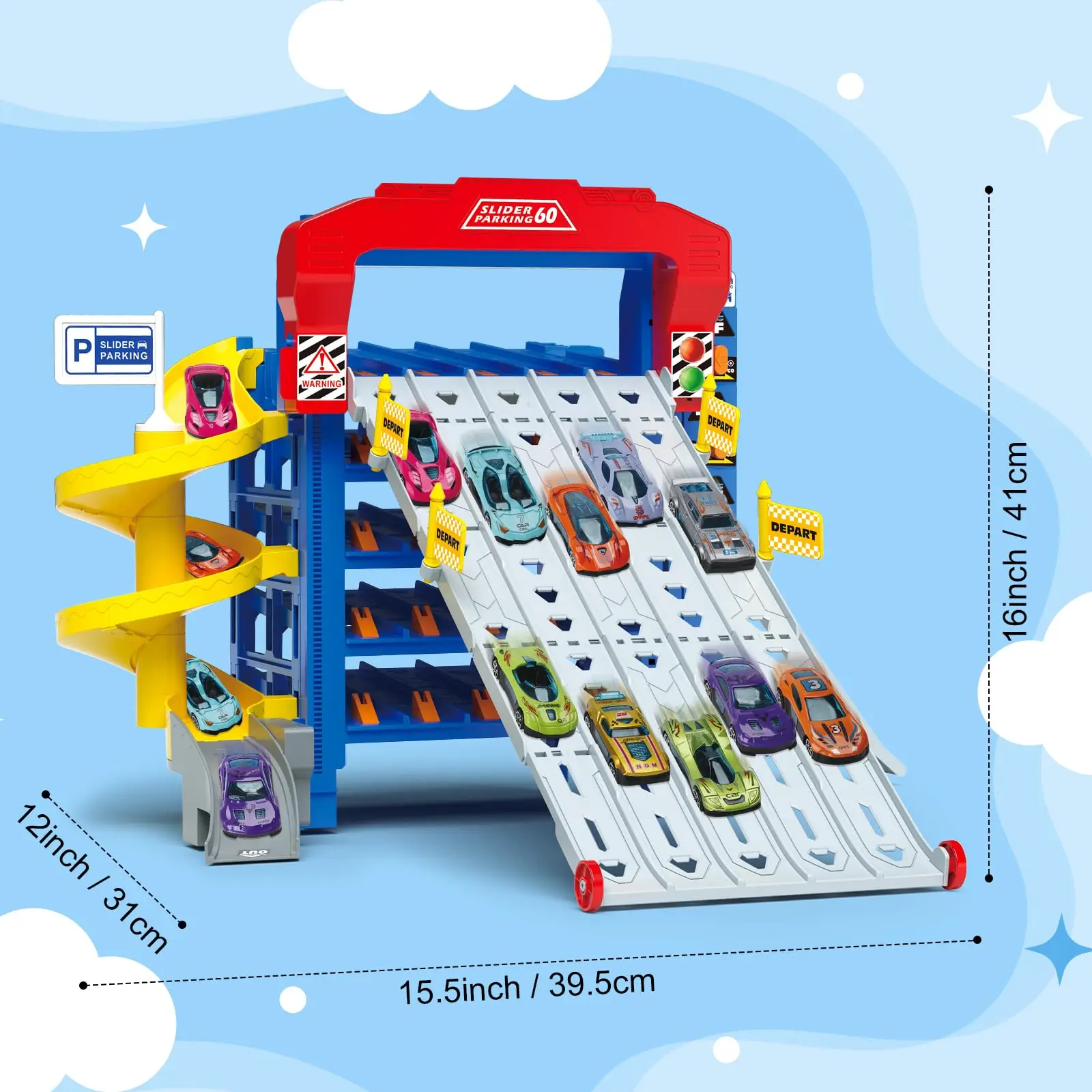 VATOS Sliding Track Truck Car Toy-Parking Toy Storage Track with 10 Cars Ideal Birthday School Year Gift Car Set for Toddlers 3+