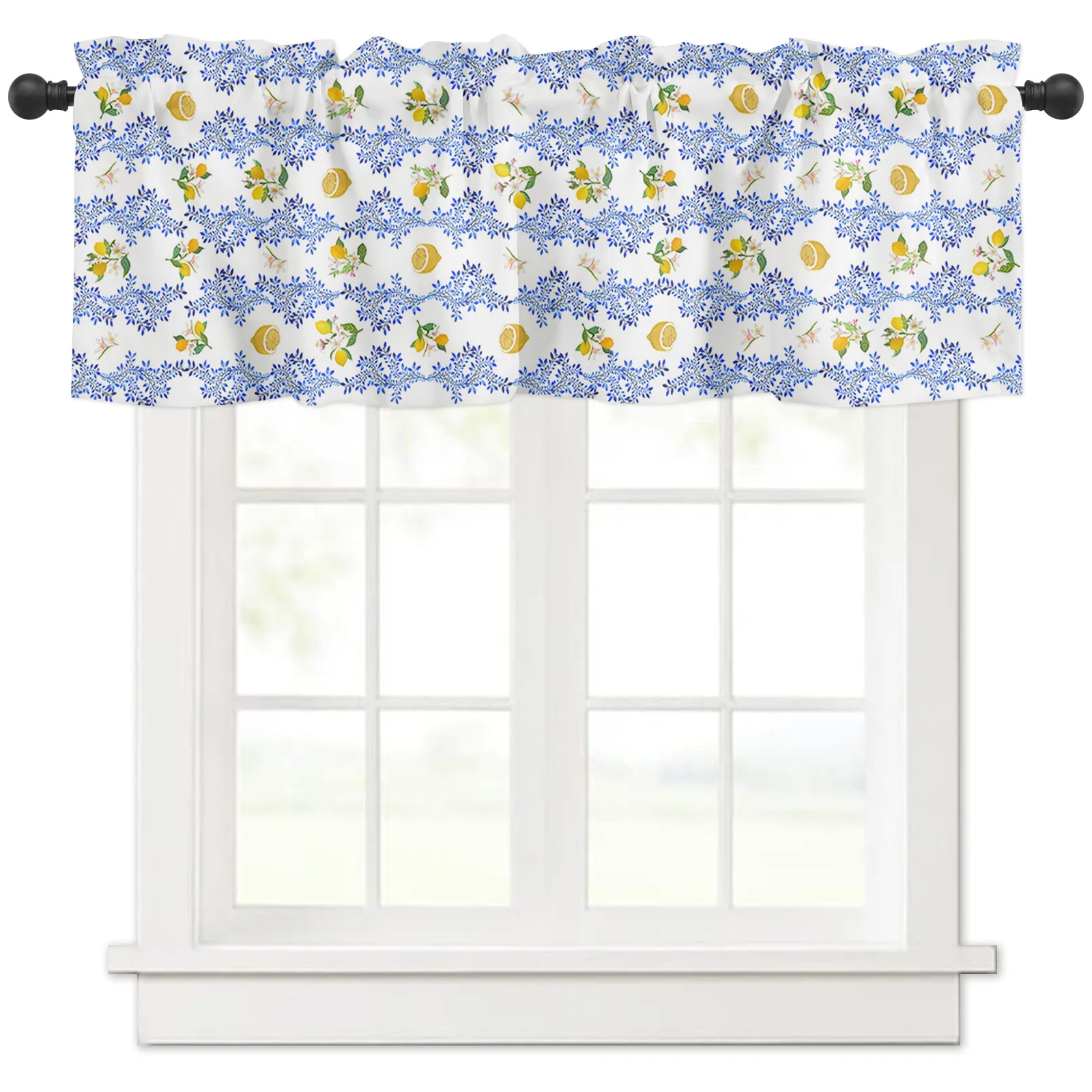 Lemon Kitchen Valance Curtains Decor Blue and White Porcelain Backdrop Window Treatments, Rod Pocket Drapes for Living Room Home