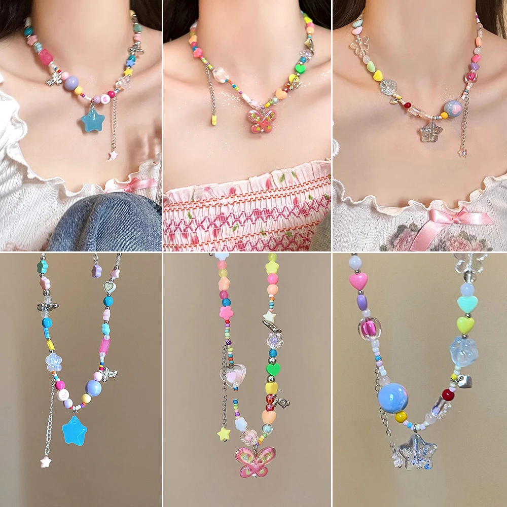 Collar de colores para mujer, Gargantilla dulce, perlas simuladas barrocas, flores lindas, cuentas tejidas a mano, Collar corto de clavícula