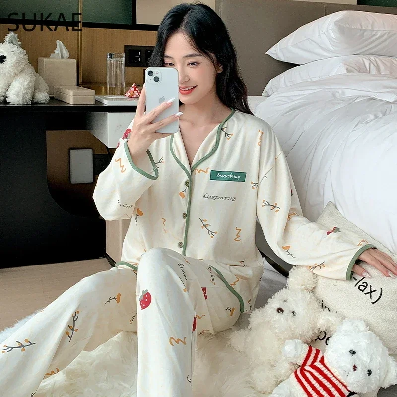 SUKAE M-5XL Autumn Winter Women\'s Sleepwear Home Clothes Cadigan Long Sleeves Pajamas Set Cute Cat Printed Lady Lapel Pijamas