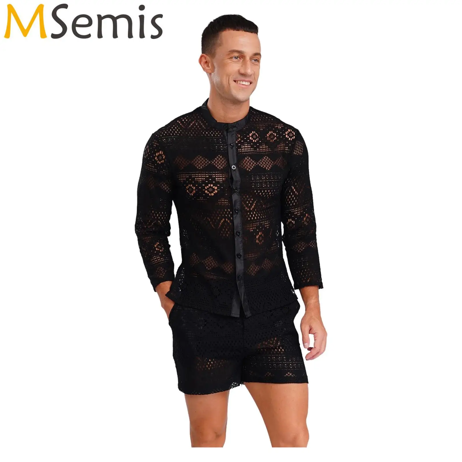 

2Pcs Men's Set Sport Tracksuit Summer Clothes Beach Outfit Hollow Out Lace Long Sleeves Button Down Shirt with Casual Shorts Set
