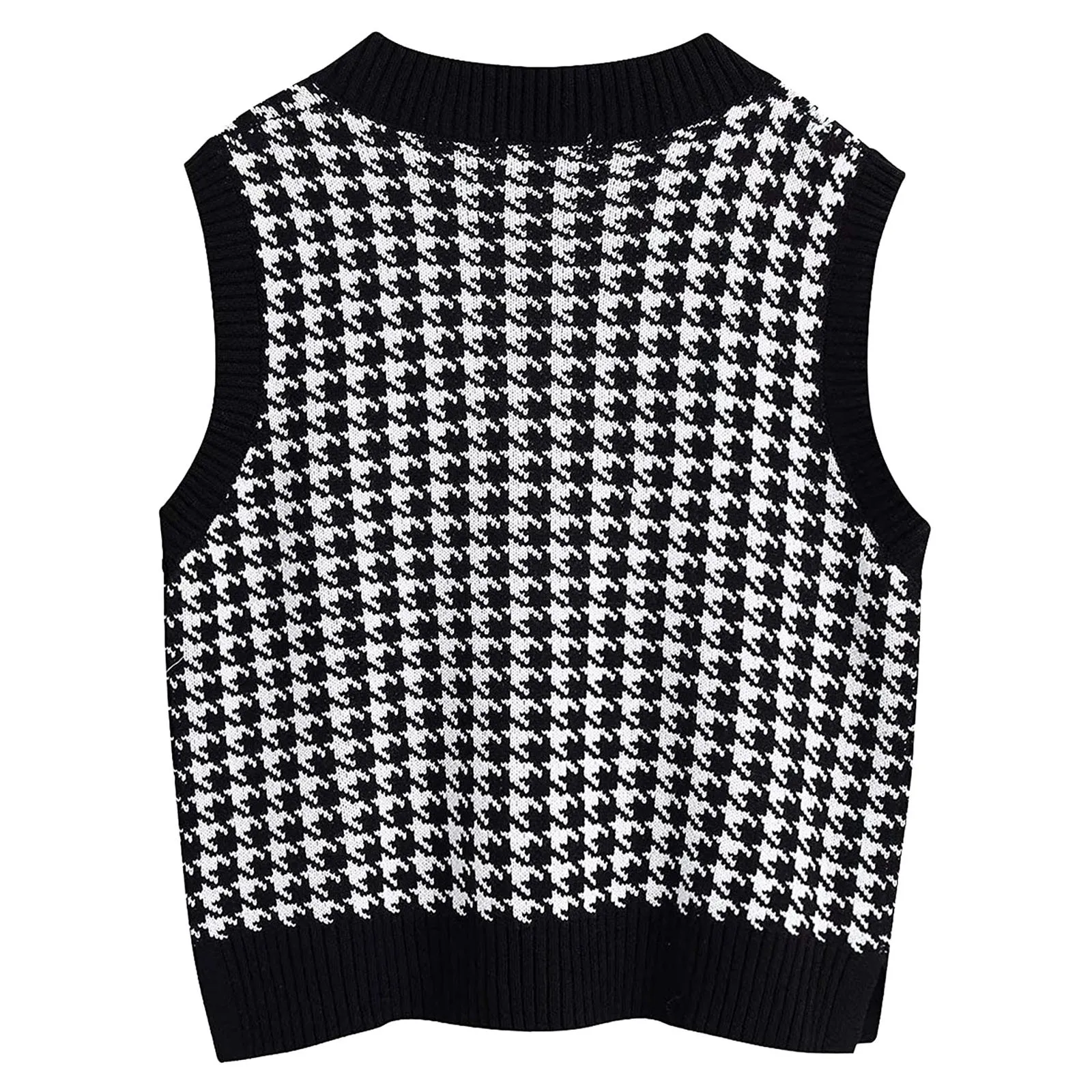 2024 Casual Knitted Fall Winter Sweet Jumper Korean Knitwear Sleeveless Geometric Houndstooth Sweater Vest Women V Neck Pullover