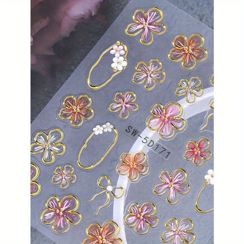 1 unidad de pegatinas para uñas de flor de hibisco de línea dorada 5D, marco cuadrado asimétrico metálico en relieve, pétalos florales rosas y rojos, lazo DIY